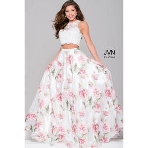 JVN by Jovani Dress Womens 4 White Pink Floral Ball Gown Embellished 2 PC Lace